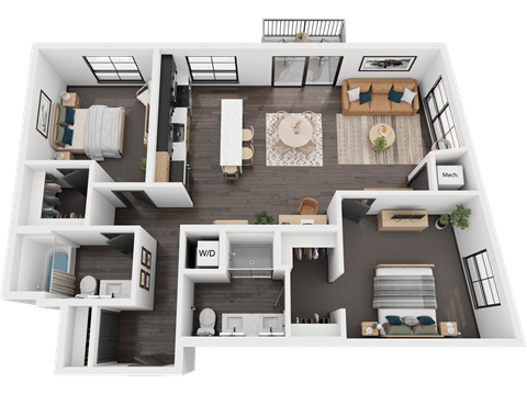 Floor plan for 2 beds, 2 baths, 1143 sqft